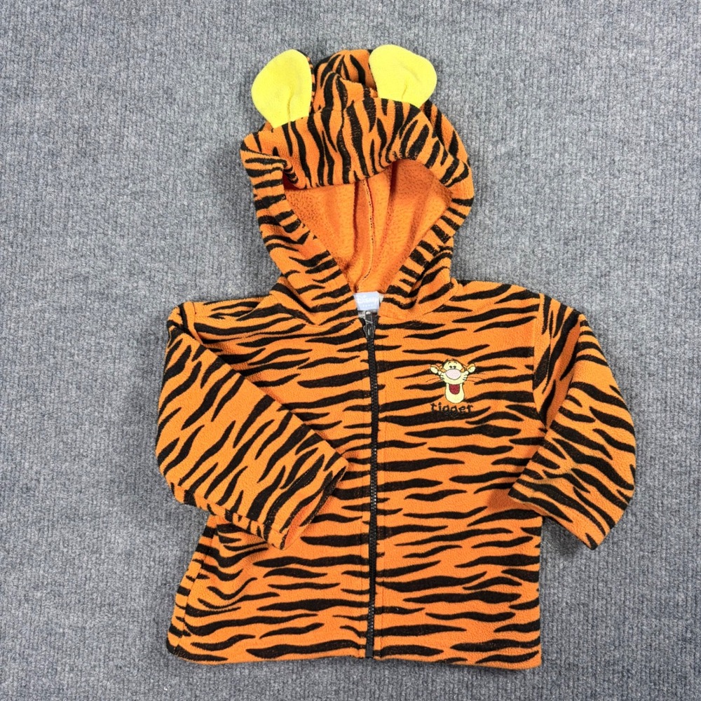 VNTG Disney Baby Tigger Fleece Zip Up Hoodie Orange Tiger Stripe Ears 12M